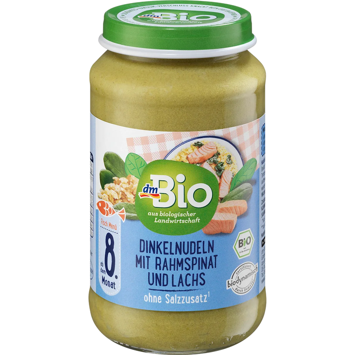 dmBio Menu spelt noodles with creamed spinach and salmon from 8 months, 220 g