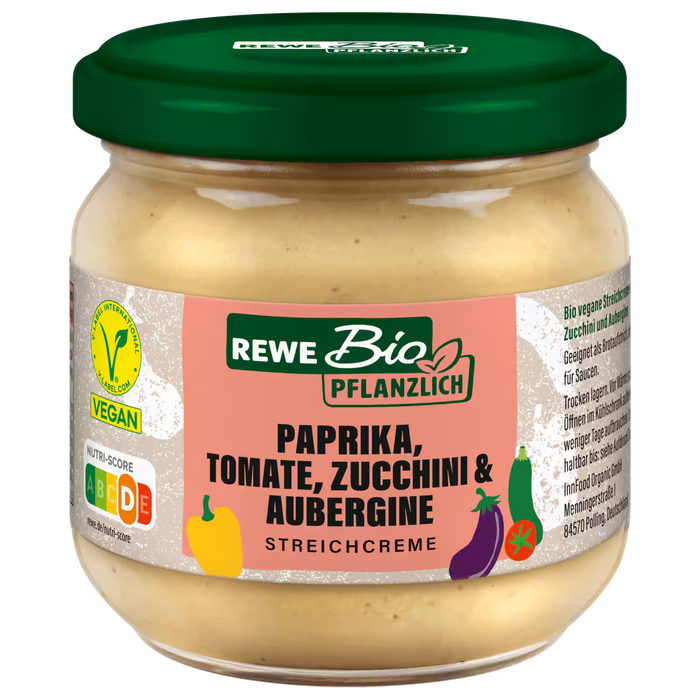 REWE Organic + Vegan Spreadable Cream with Bell Pepper, Tomato, Zucchini & Aubergine 180g