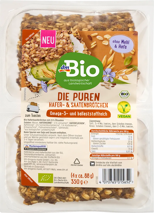 dmBio Toast rolls with Oats & Seeds, 350 g