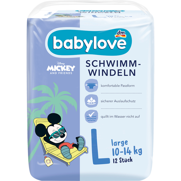 babylove Disney Swim Nappies Size Large (10-14 kg), 12 pcs