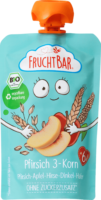 FruchtBar Organic Peach 3-Grain Squeeze Pouch, from 6 Months, 100 g