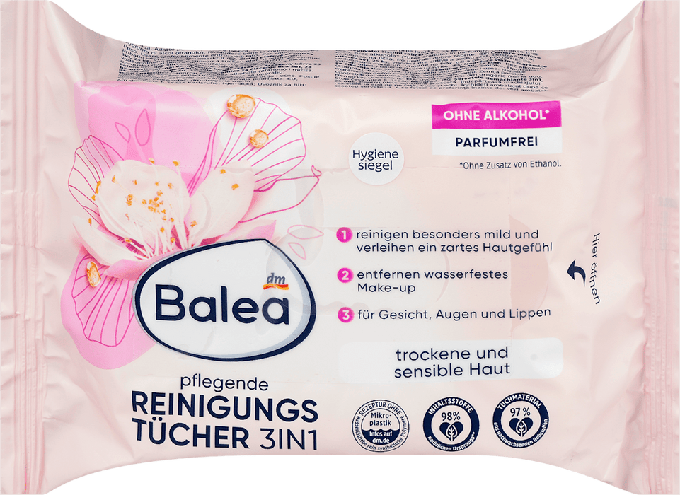Balea Nourishing 3-in-1 Makeup Remover Wipes, 25 pcs